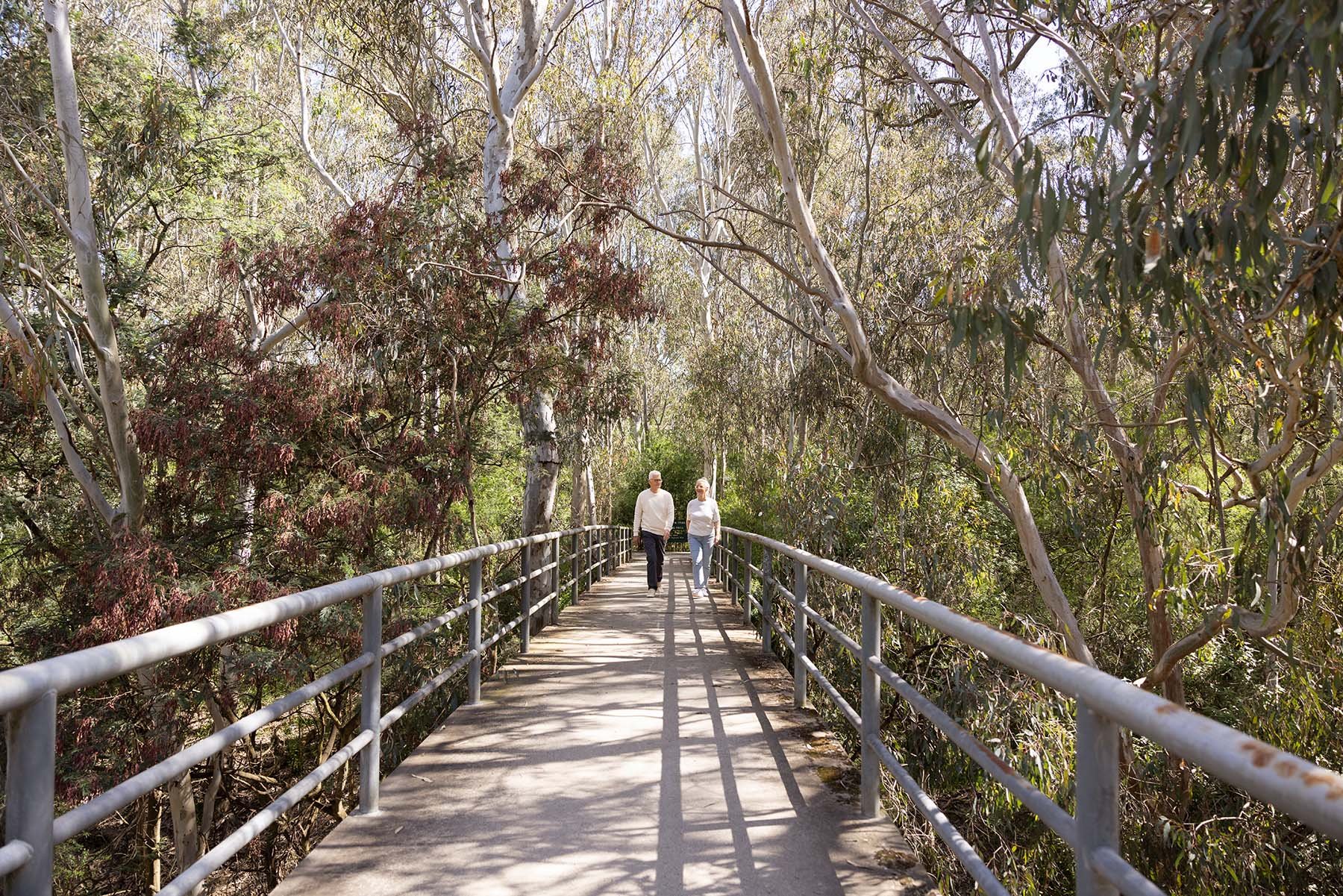 St. Francis couple walking on bridge at Burke Road Reserve